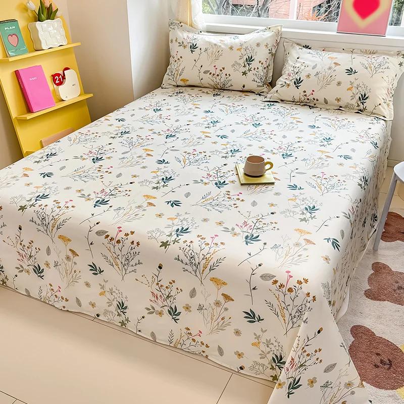 Botanical Floral Flat Sheet Twin Queen Garden Flower Bed Sheet Set Soft Cotton Pastoral Wildflowers Bed Cover with 2 Pillowcases