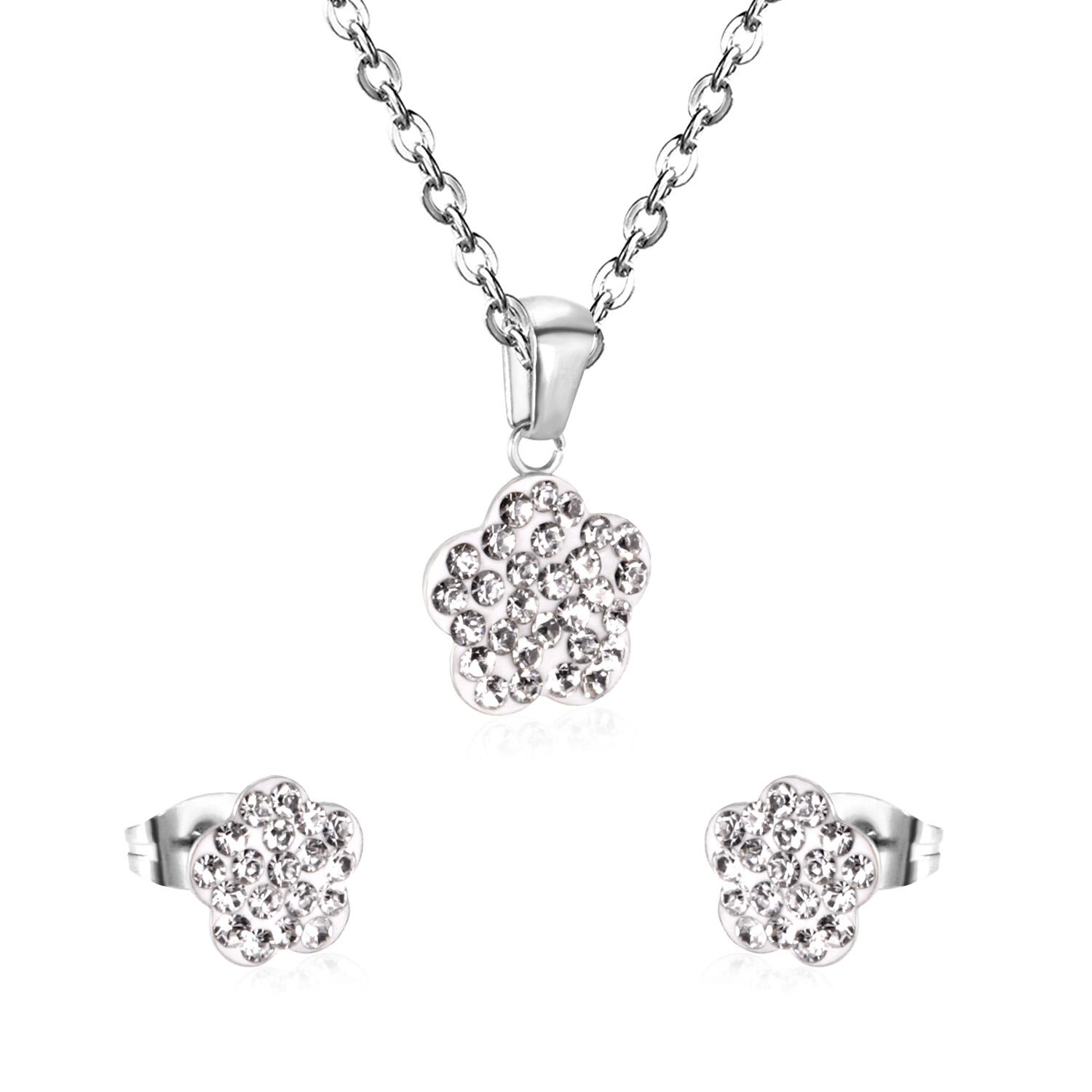 

LUXUKISSKIDS Round Crystal Double Necklace Earring Wedding Bridal Dubai Jewelry Sets Stainless Steel Jewelry Set For Women Girl