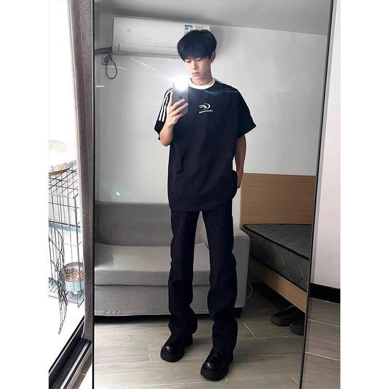 Jeans Homme Noir Coupe Droite Américain Poids Lourd - Tendance Printemps, Style High-Street Polyvalent avec Micro Évasement.