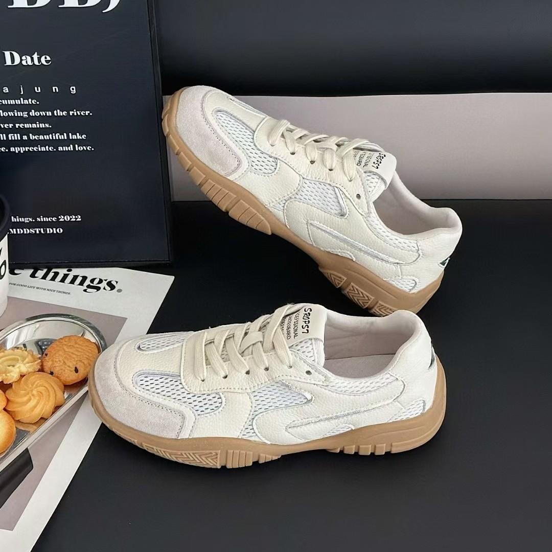 

Leather women s little white shoes summer new single net breathable sports and leisure shoes versatile thick baseplate shoes 40 бежевий