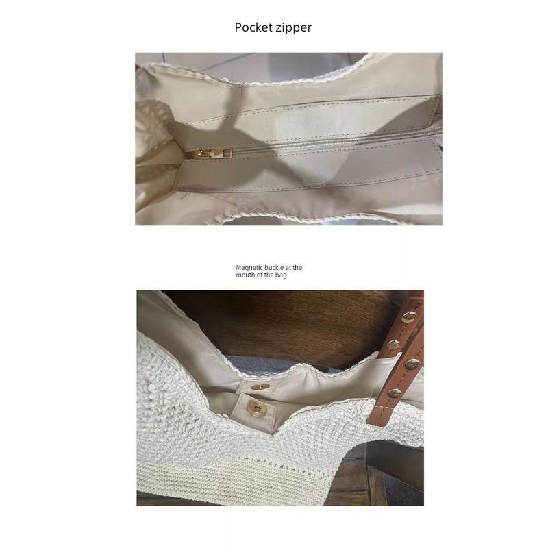 

2025 New Arrival Casual Large Capacity One-Shoulder Knitted Woven Bag Bag Women s Cut Out Mesh Tote Bag Island Style Woven Bag White small size [pocket pull]]