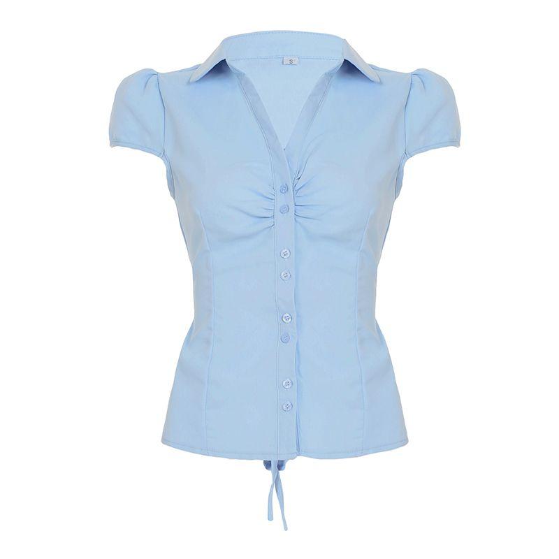 

European and American Women s Clothing American Retro Shoelace Tight Waist Pure Color Shirt Women s Ruched Breasted Casual Short-Sleeved Top Summer Blue L