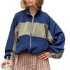 Unisex French Retro Stand Collar Color-Block Zip-Up Oversize Track Jacket Lightweight Polyamide Outdoor Casual Coat, Blue