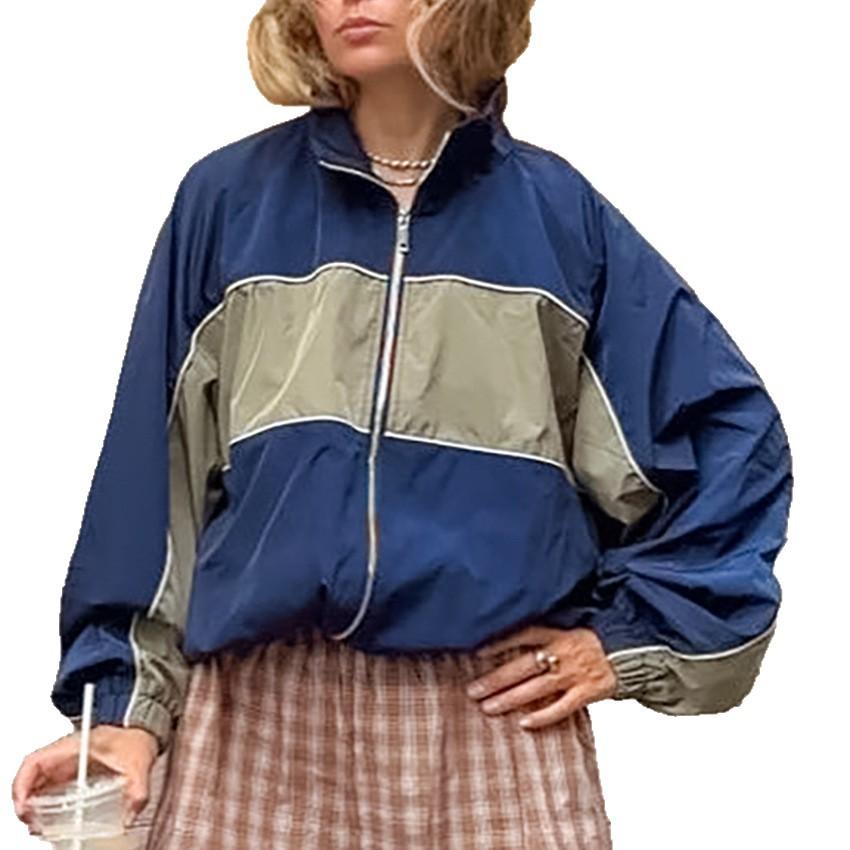 Unisex French Retro Stand Collar Color-Block Zip-Up Oversize Track Jacket Lightweight Polyamide Outdoor Casual Coat, Blue