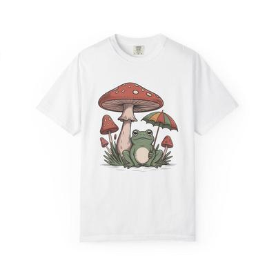 Frog Under Mushroom with Umbrella T-Shirt and Kids Tshirt | Cute Mushroom Frog Illustration
