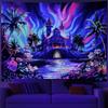 Enchanted Castle Tapestry, Psychedelic Sky with Palm Trees & Glowing Flowers Print,Wall Hanging for Fantasy Aesthetic Room Decor