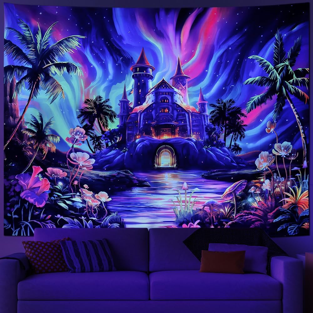 Enchanted Castle Tapestry, Psychedelic Sky with Palm Trees & Glowing Flowers Print,Wall Hanging for Fantasy Aesthetic Room Decor