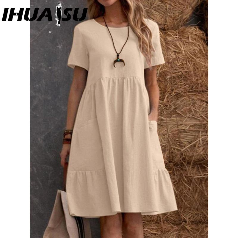 

IHUASU Женская мода Лето Весна Однотонный Принт Круглый вырез Высокая талия Повседневные платья L абрикосовый