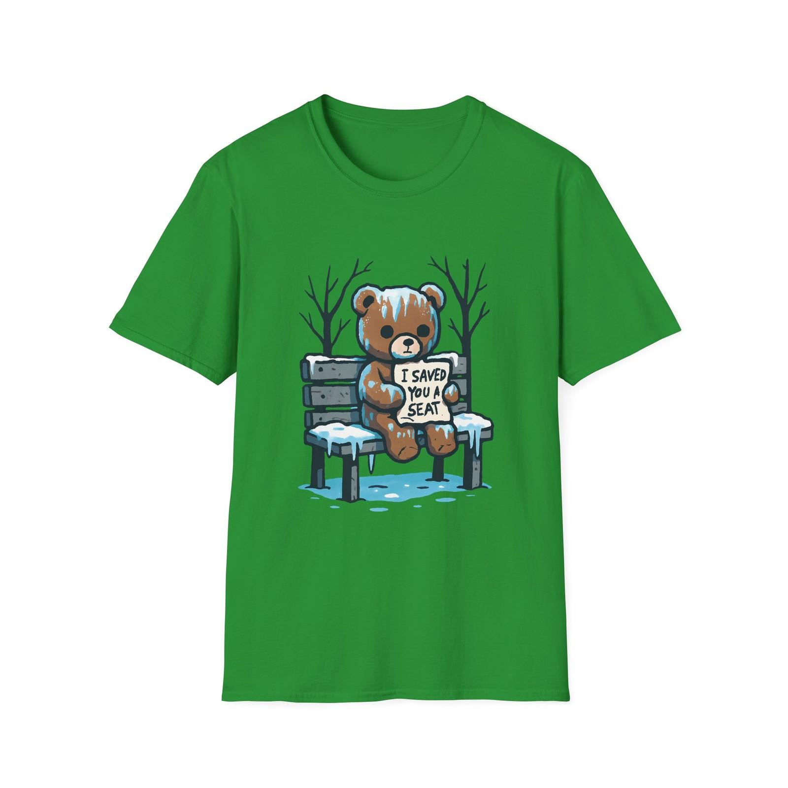 Unisex Softstyle T-Shirt Mens Womens Tees Top Frozen Teddy Bear Snowy Bench Christmas Winter Gift Tee S