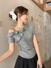 Summer unique design ruffle pleated slanted shoulder short-sleeved T-shirt women's off-the-shoulder thin sexy 
