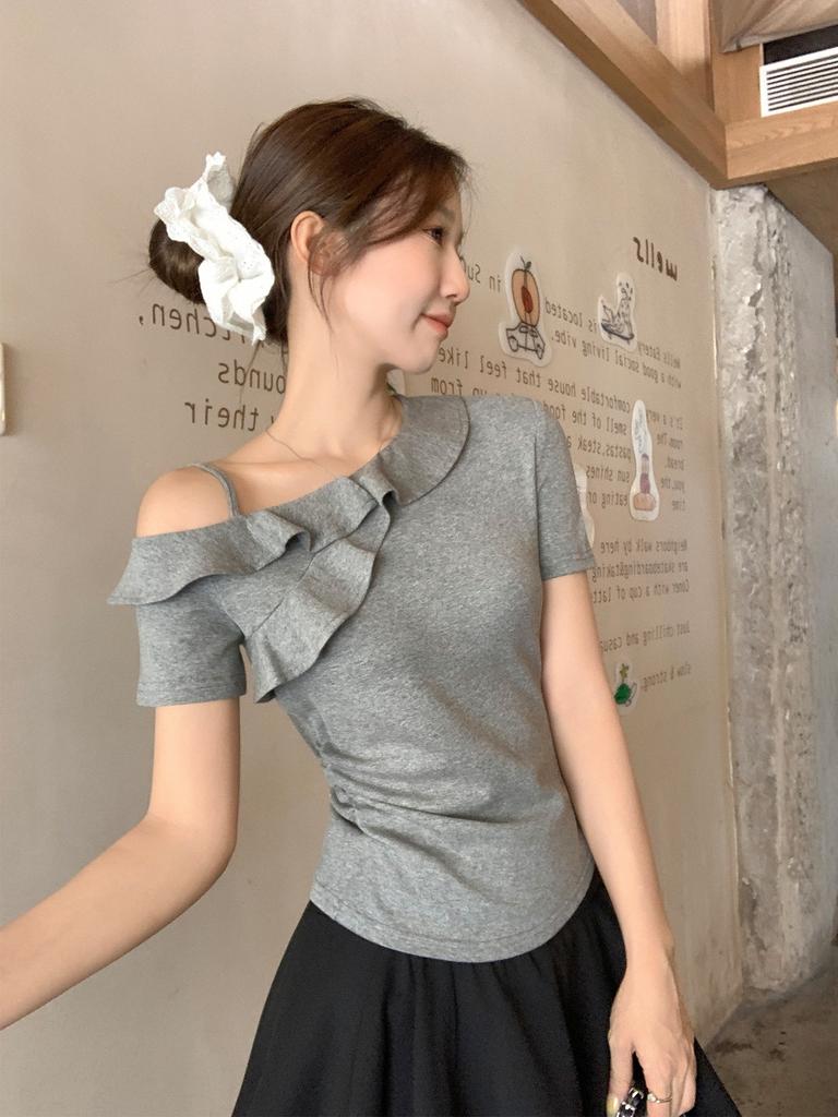 Summer unique design ruffle pleated slanted shoulder short-sleeved T-shirt women's off-the-shoulder thin sexy
