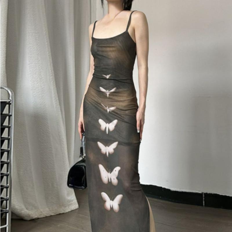 Japanese Gauze Elegant Butterfly Print Dresses Sexy Split Y2k Aesthetic Sweet Women's Dress Tie Dye Long Slim Grunge Fairy