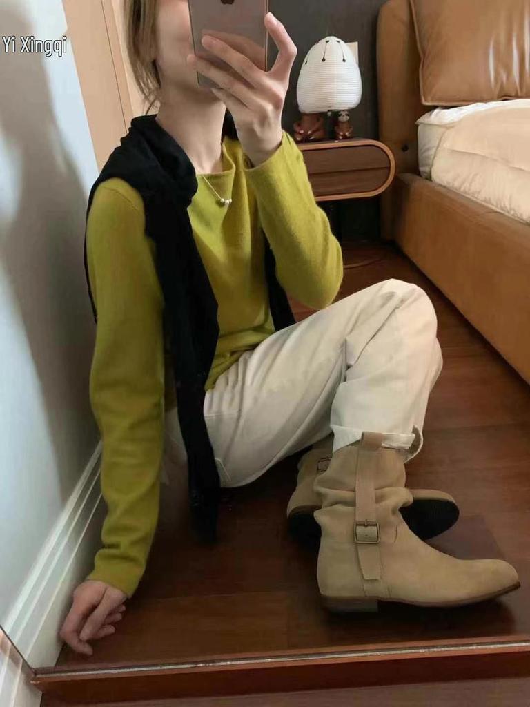 Vintage Cowhide Wrinkled Slouch Ankle Boots - Korean Style Western Cowboy Riding Boots for Women