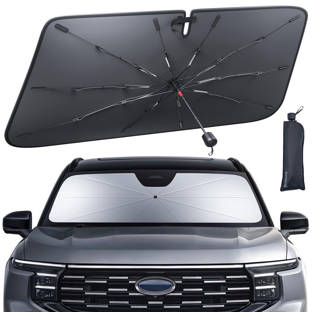

2025 Lamicall Car Reinforced Fiberglass Foldable Windshield Sunshade for UV and Includes a Storage Umbrella-Style Sunshade, Front 10-Rib Ribs. Cars,