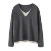 Women's Versatile Autumn V-Neck Color Block Cashmere Knit Sweater - Faux Two-Piece Loose Top