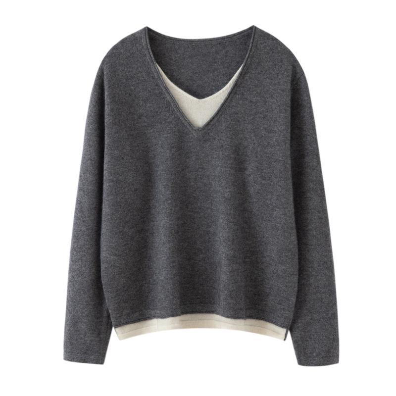 Women's Versatile Autumn V-Neck Color Block Cashmere Knit Sweater - Faux Two-Piece Loose Top