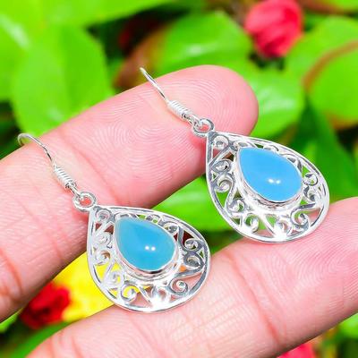 Natural Aqua Chalcedony Gemstone 925 Sterling Silver Gift Earring 1.65" N6S54