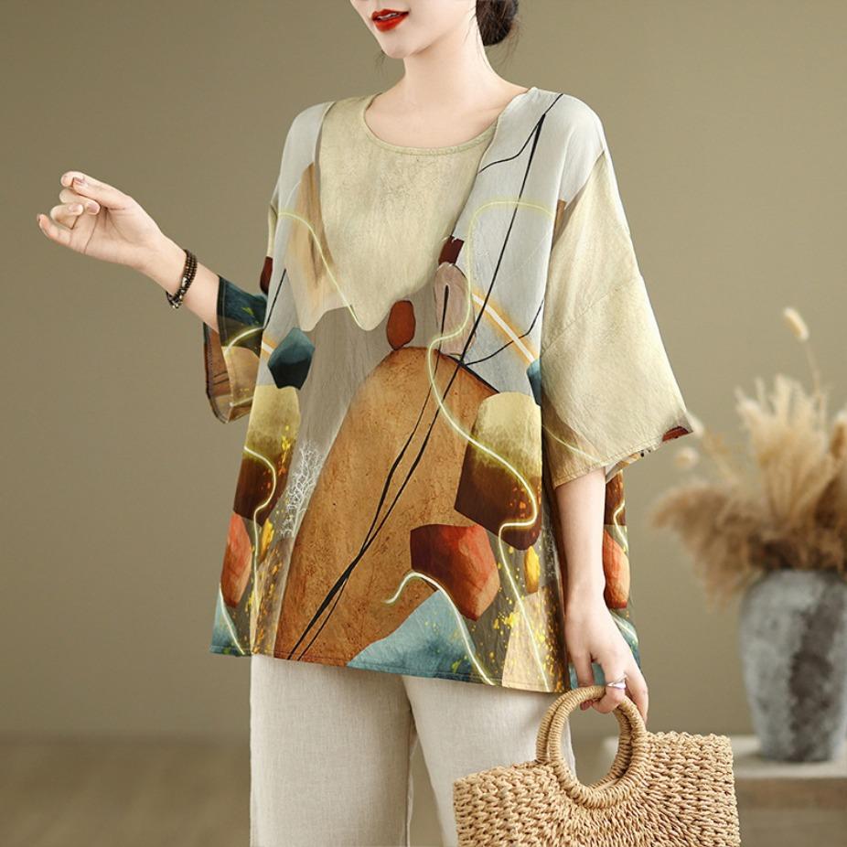 

Летняя блузка из конопли и хлопка в этническом стиле с рукавами летучая мышь, свободная, оверсайз, с круглым вырезом, повседневная, удобная для женщин one size