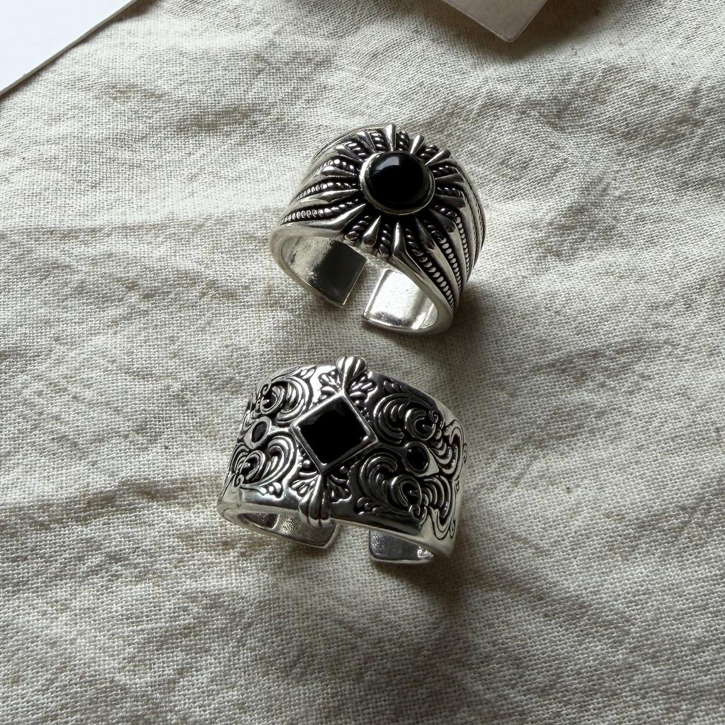 925 Sterling Silver Rings For Women Geometric Fine Jewelry Finger Adjustable Wide Sun Black Stone Ring For Party Birthday Gift
