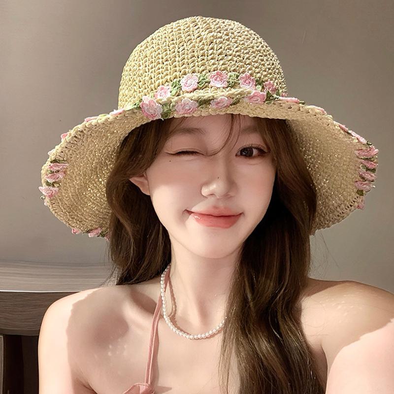 Women'S Wide Brim Lace Straw Hat Beach Hollow-Out Sun Cap For Seaside Vacation
