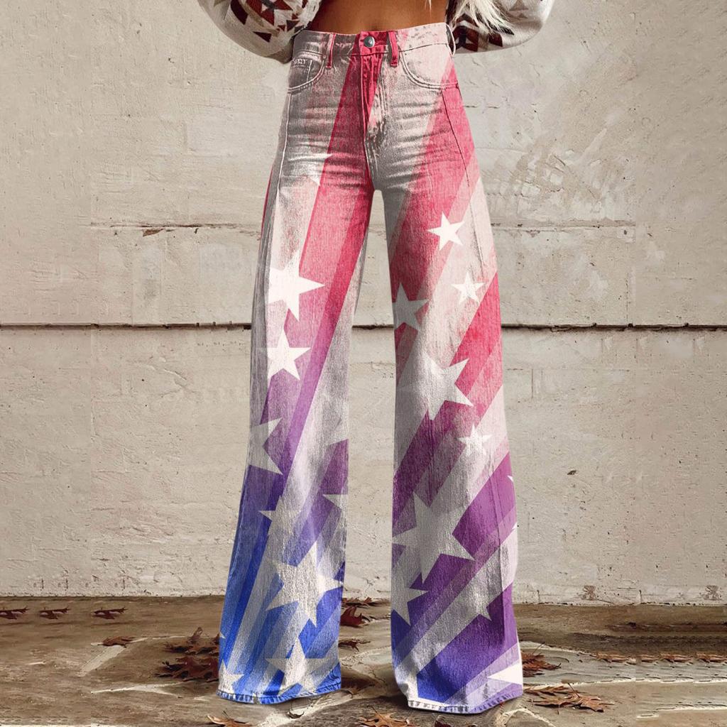 Wide Leg Flare Jeans For Women With Pockets Baggy Pants Vintage Floral Print High Waisted Loose Pant