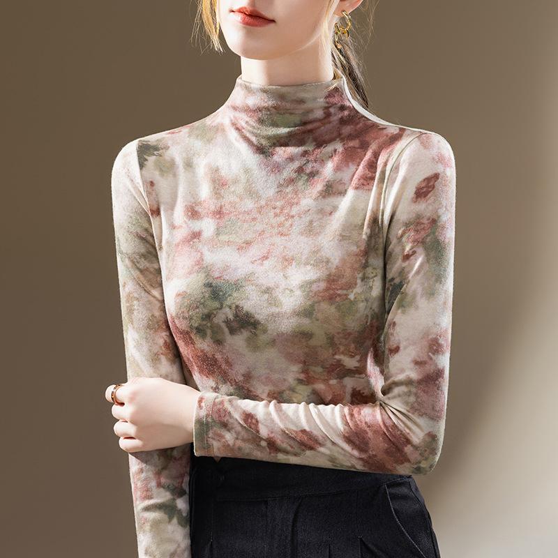 

Базовая рубашка с полуворотником для женщин, футболка с длинными рукавами и контрастным цветным принтом, облегающий топ 3XL