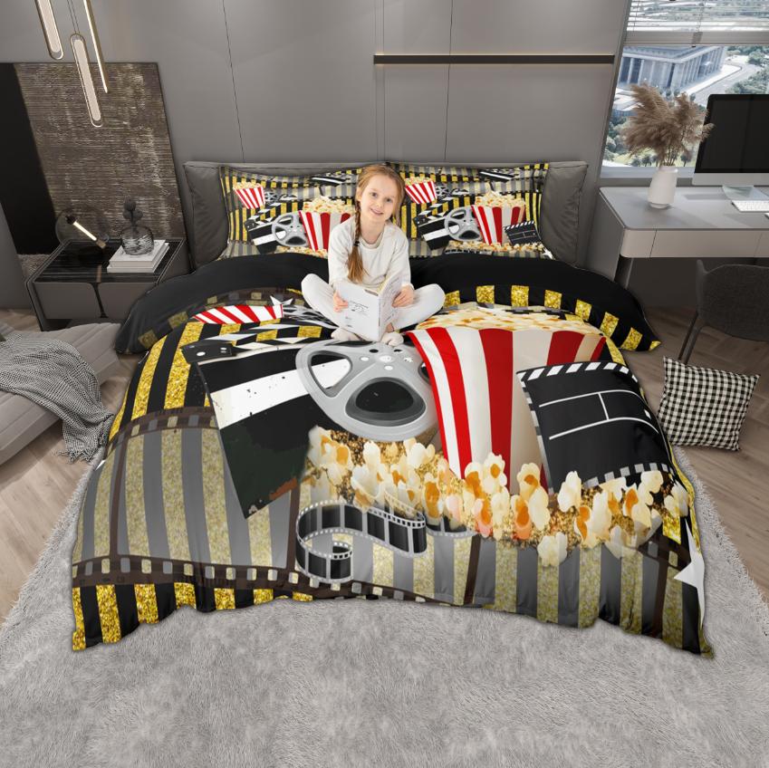 Homewish Vintage Movie Theatre Duvet Cover Set 2Pcs/3Pcs Retro Cinema Popcorn Bedding Film Theme Quilt Cover Set