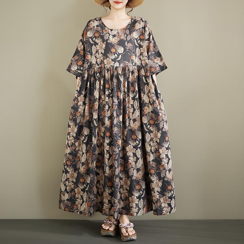 

Короткий рукав Великий розмір, бавовна, вінтаж, квіткові нові сукні для жінок, повсякденні вільні довгі літні сукні