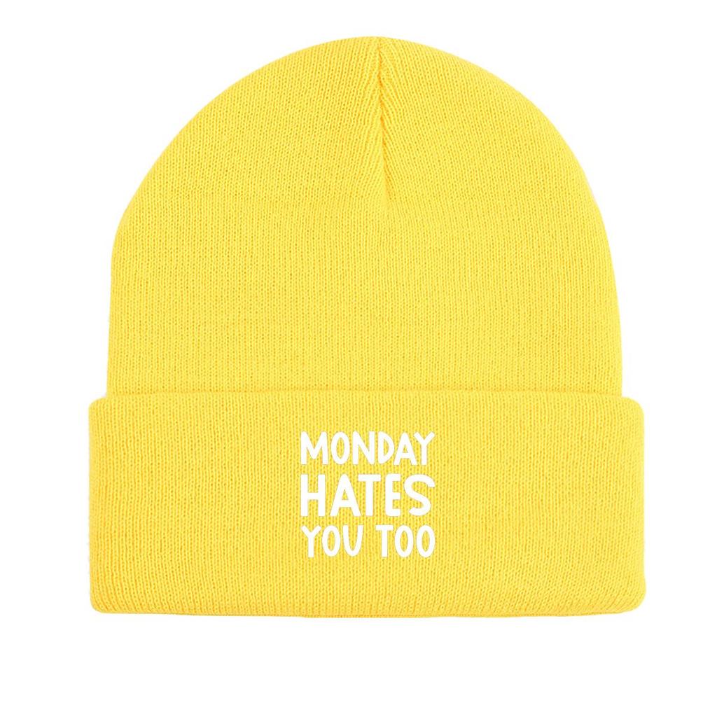 MONDAY HATES YOU TOO" Warm Knit Cap Beanie, White Text Man Cap Stretchy Candy Color Solid Color Gorro Knitted Hat Beanie