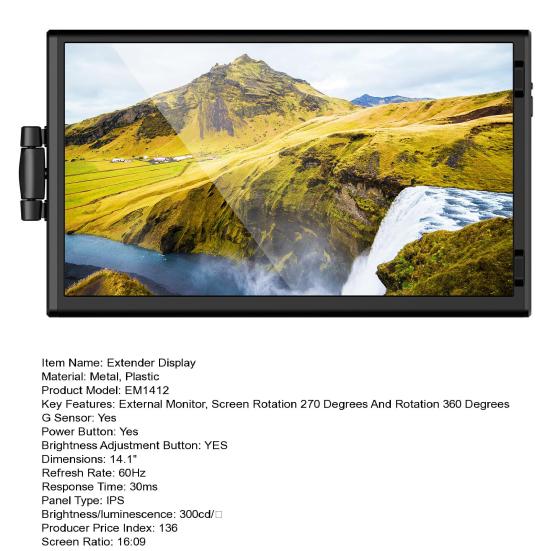 14,1-Zoll Tragbarer Erweiterungsbildschirm FHD IPS HDMI-kompatibel Typ-C 3.1 Einstellbarer Computer-Laptop-Computer-Telefon-Erweiterungsmonitor-Bildschirm