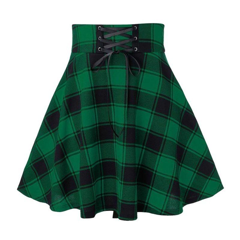 Checked Lace Up Slim a-Line Skirt Plaid Lace Up Slim Fit A- Line Skirt