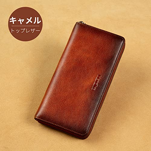 [Mandiva] Men's and Women's Long Wallet, Genuine Leather, Separate Coin Purse, Large Capacity, Round Zipper, Top Leather (Camel)