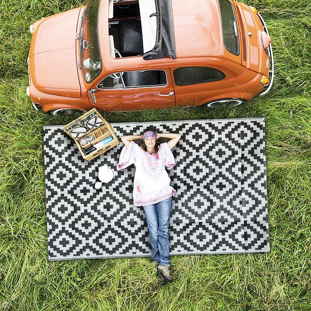 Large Outdoor Rugs for Patio Reversible Easy Clean Motorhome Carpet Rugs Portable Summer Waterproof PP Pipe Woven Beach Mat Grey