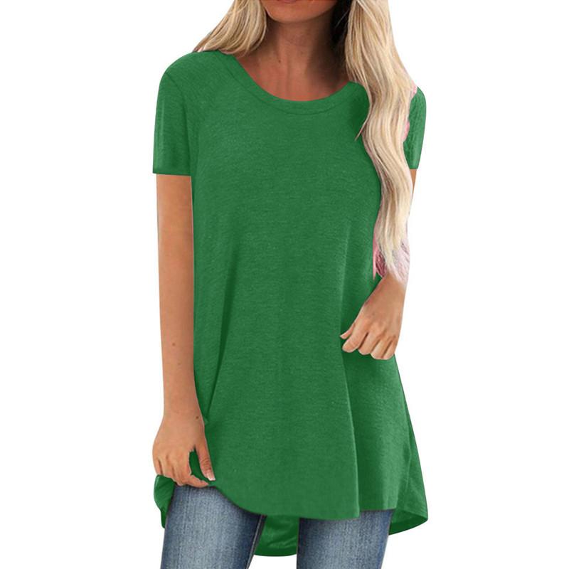 Women's Solid Color V-Neck Short Sleeve Longline T-Shirt Casual Loose Fit Summer Basic Tee Top Plus Size S-5XL