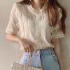 O-neck Short Sleeve Loose Summer Blouse Casual Lace Hollow Out Elegant Shirt Workwear