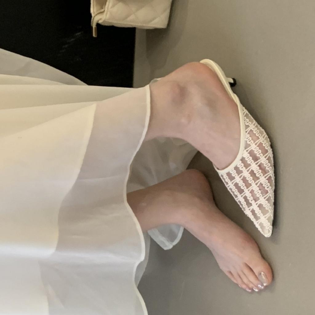 French Fairy Breathable Mesh Lace Bag Head Sandals Female Summer Kitten Heel Empty Single Shoes