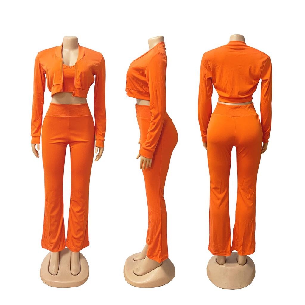 TW492 Stilvolles Dreiteiler-Set für Damen: Einfarbiges Sexy Cropped Lässiger Sportanzug