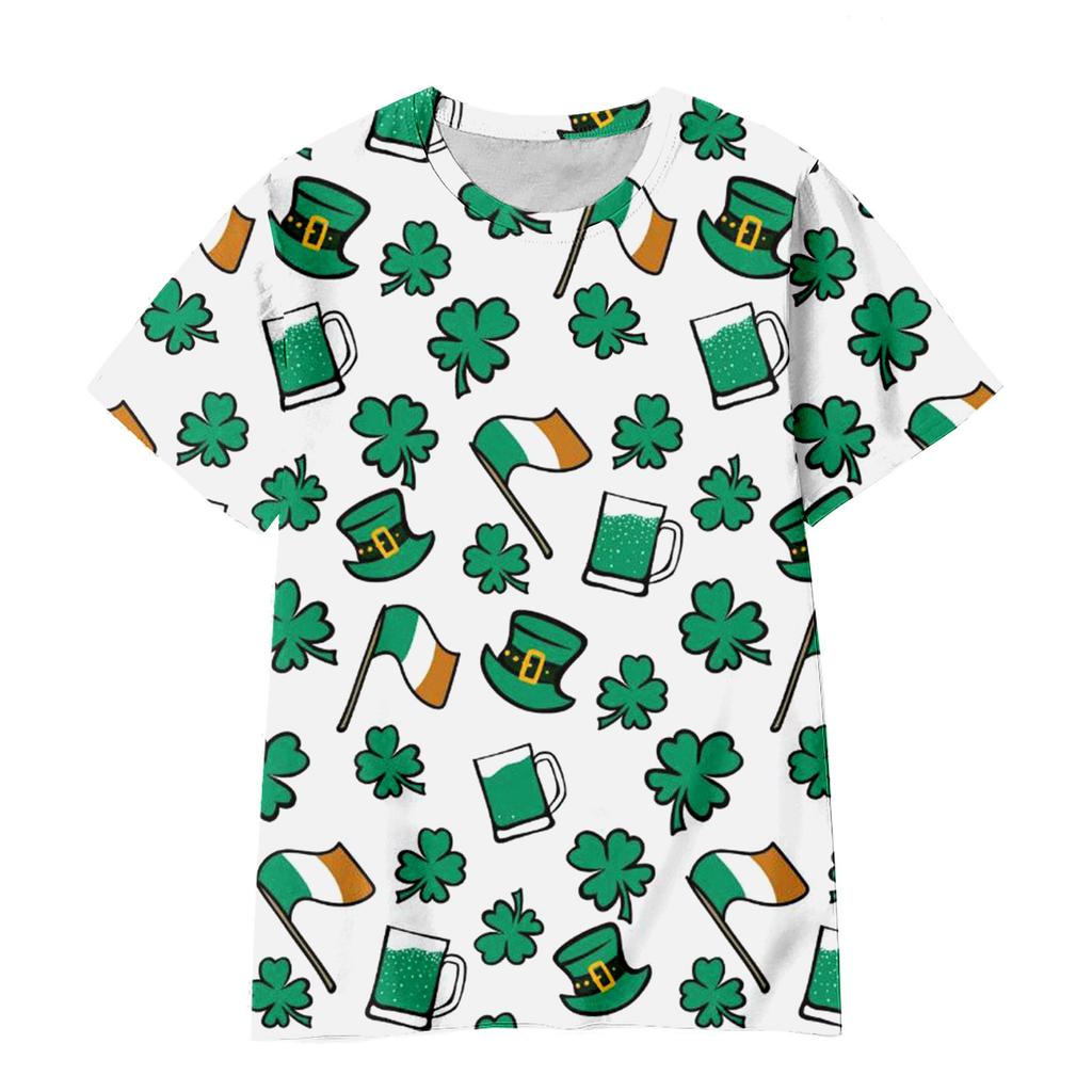 Summer Round Neck 3D Green Magic Hat with Clover Print Top Fashionable Casual Short Sleeved Children's Boy and Girl T-shirts