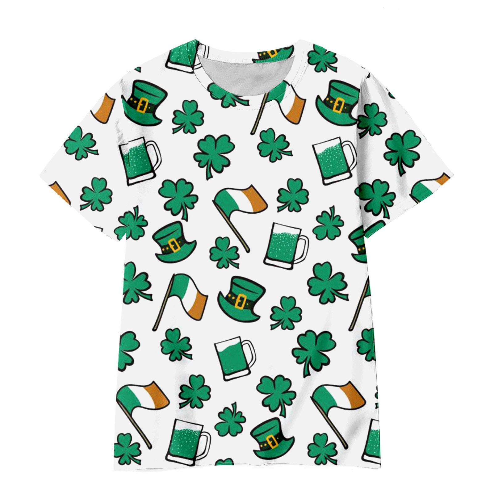 

Summer Round Neck 3D Green Magic Hat with Clover Print Top Fashionable Casual Short Sleeved Children s Boy and Girl T-shirts 170