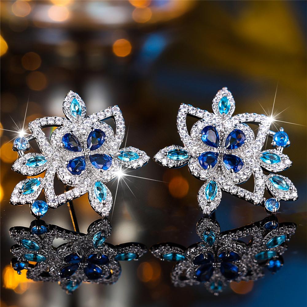 Luxury Female Cute Crystal Blue Zircon Stone Flower Stud Earrings Vintage Silver Color Wedding Fashion Jewelry For Women