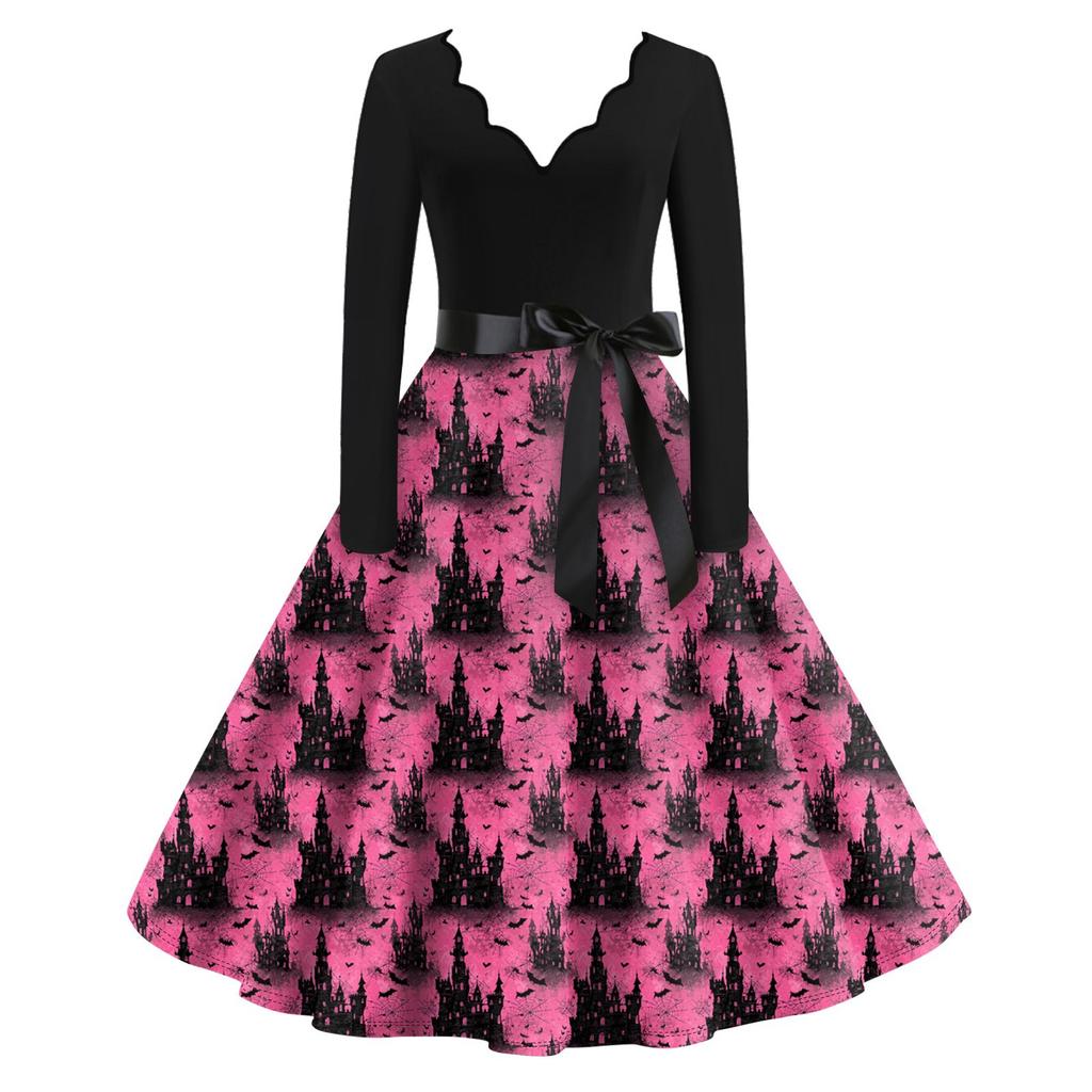 Women's Casual Fashion Long Sleeve Halloween Graphic Printed Vintage Long Dresses
