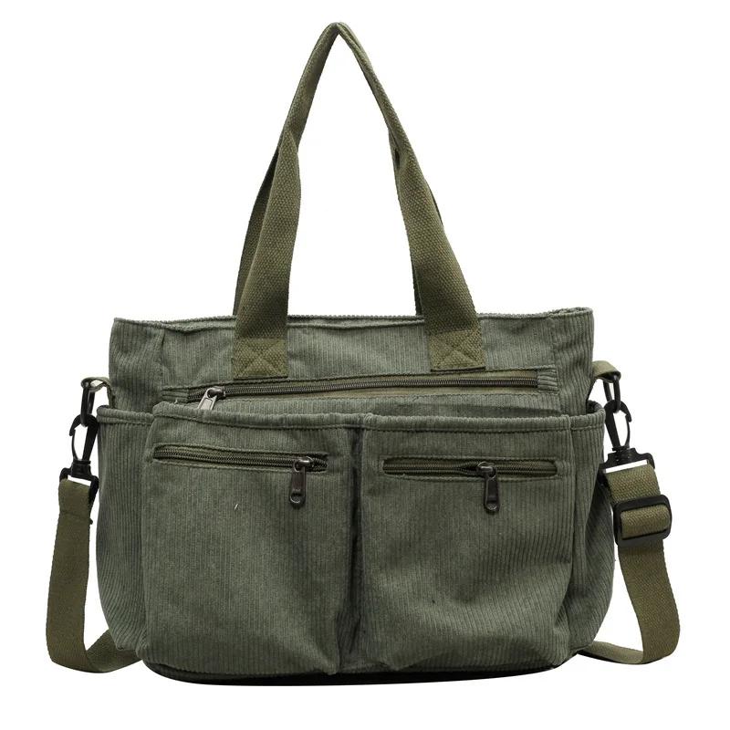 

Large Capacity Corduroy Women Tote Bag Classic Korea Style Elegant Shoulder Bag Traveling Multilayer Thick Classy Crossbody Bag зелений