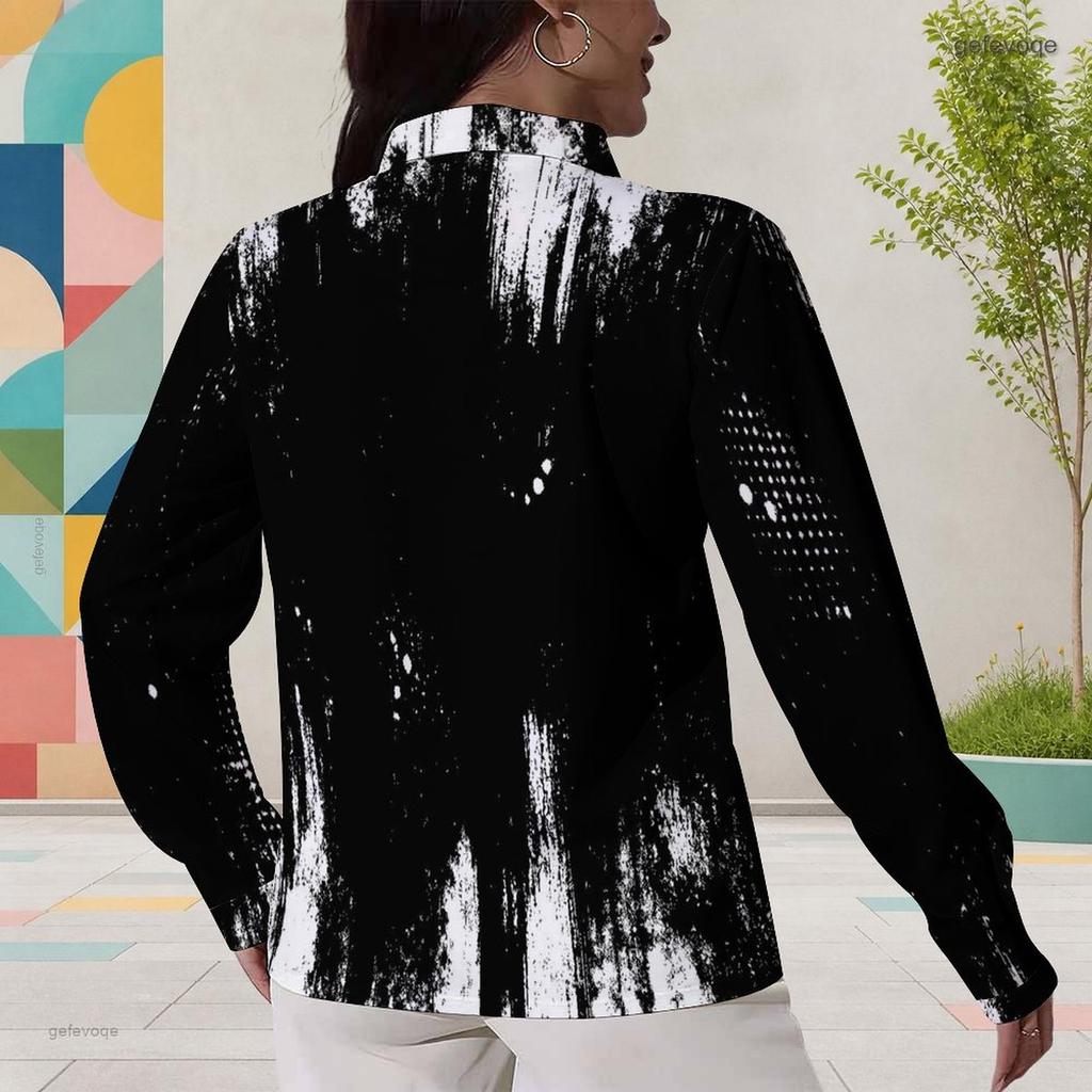 Women Plus Size Collared Long Sleeve Abstract Geometric Printed Button Front Shirt