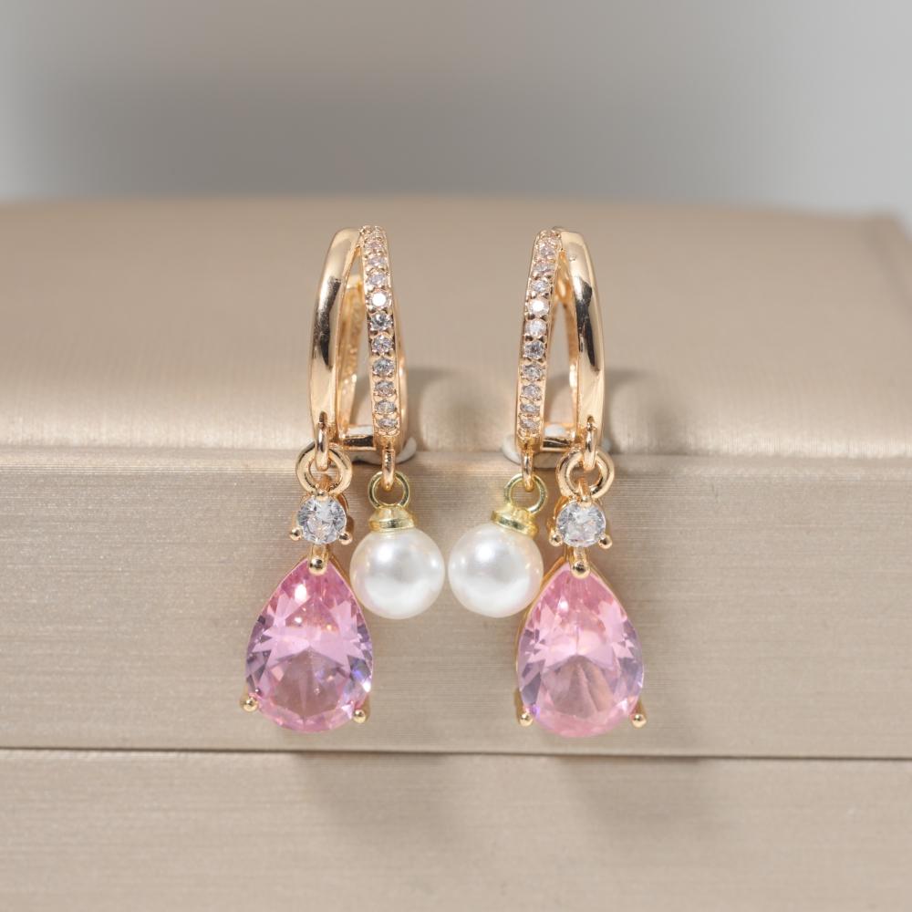

1 Pair Fashion Water Droplets Zirconia Dangle Earrings for Women Imitation Pearls Earring Jewelry Wedding Party Accessories розовый