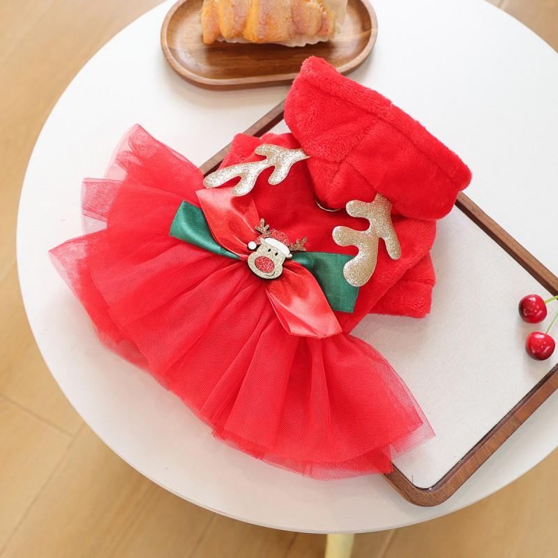 Pet Circle Winter Holiday Dog Dress Small Breeds - Festive Red Reindeer Fluffy Tutu Outfit