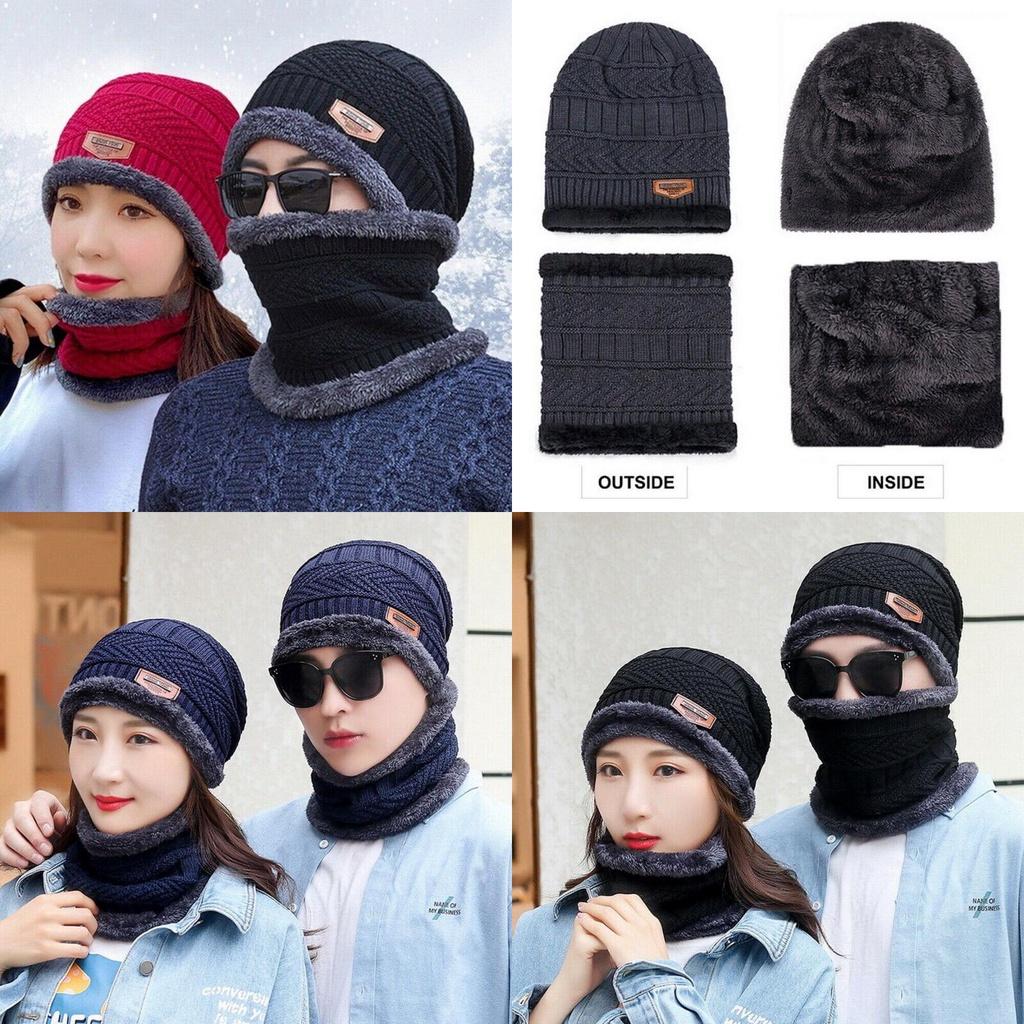 Winter Beanie Mens Hat And Scarf Set Warm Fleece Knitted Cap Unisex Couple
