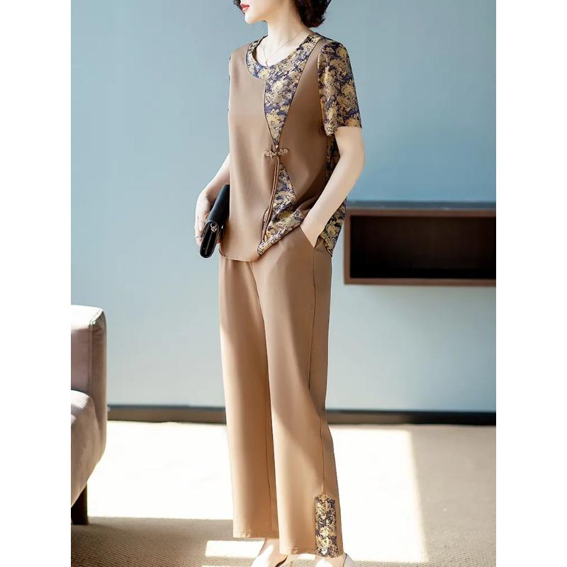 Middle Aged Women Chinese Style Two Piece Outfit Floral Print Patchwork Short Sleeve Top Wide Leg Casual Matching Set