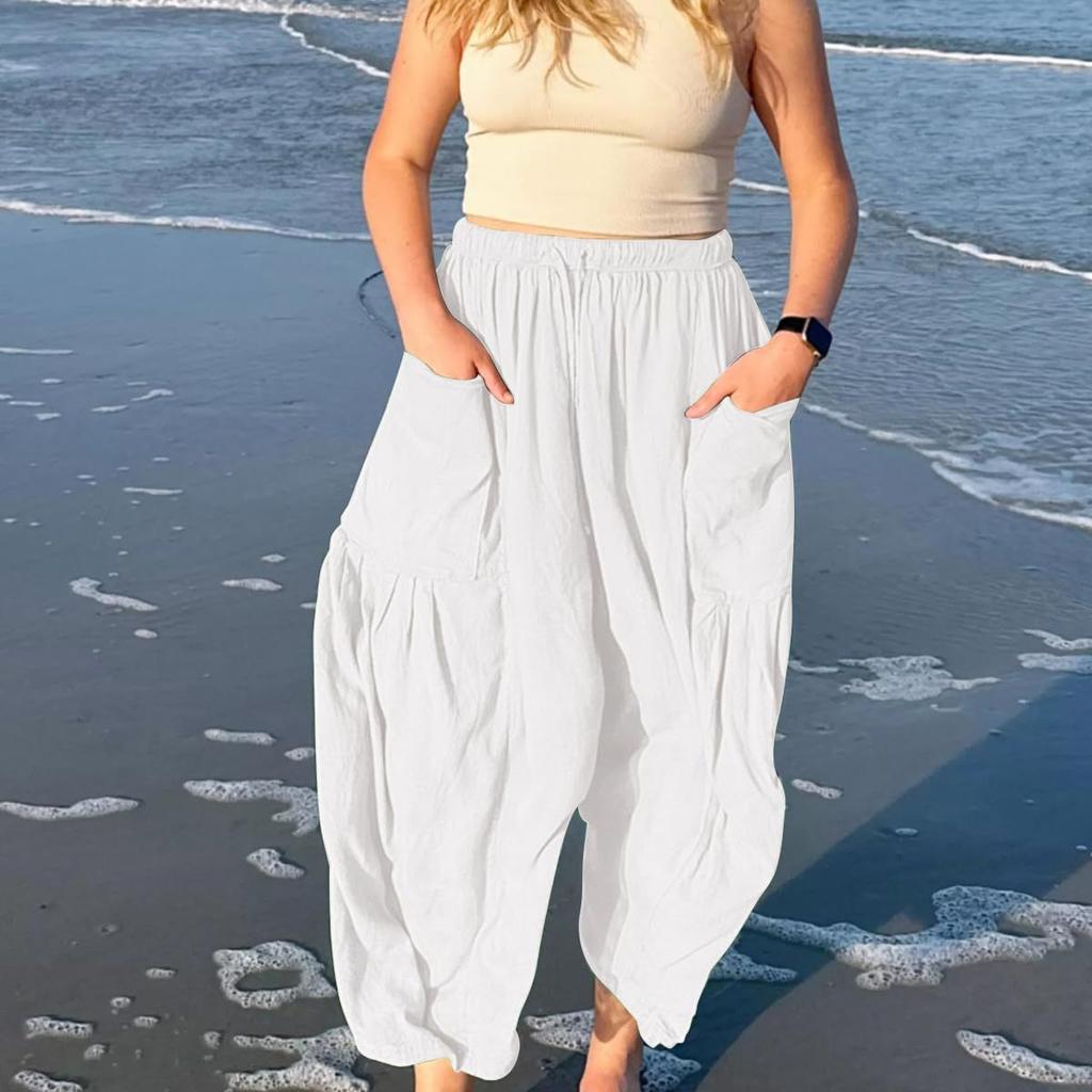2026 Casual Lightweight Wide Leg Linen Pants Beach Palazzo Harem Trousers Women‘s Linen Wide Leg Pants Casual Loose Beach Palazzo Harem Pants