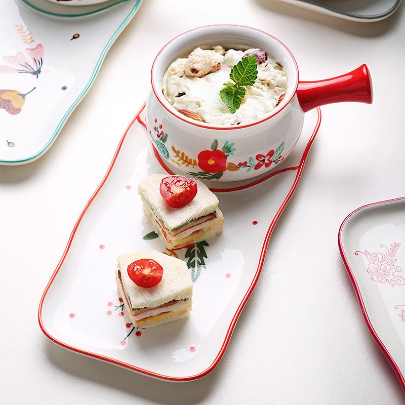 Flower Design Ceramic Salad Bowl Rectangle Plate Pasta Baking Bowl Breakfast Tableware (1 bowl with handle + 1 dinner plate)