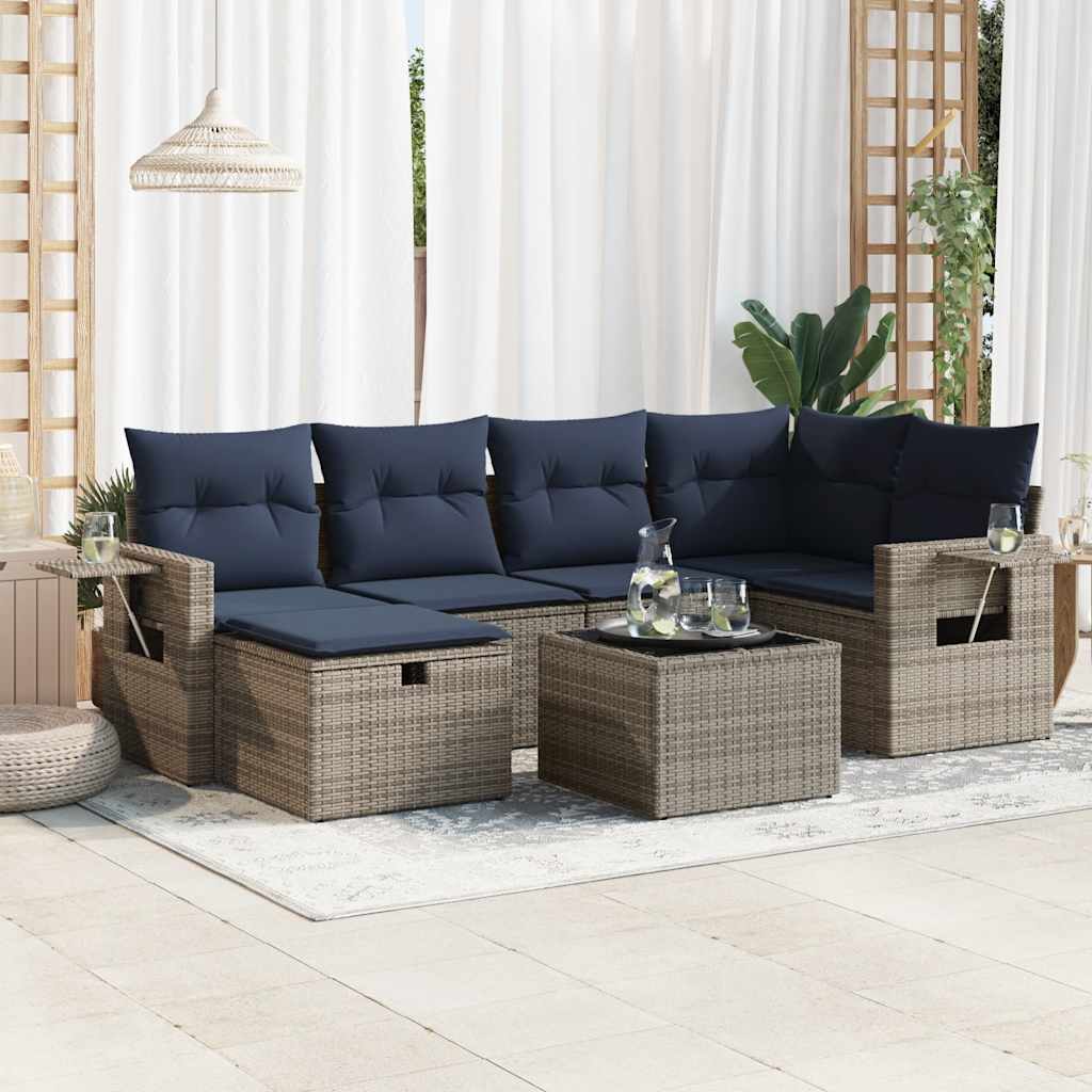 7 Piece Grey Outdoor Sofa Set with Cushions Poly Rattan